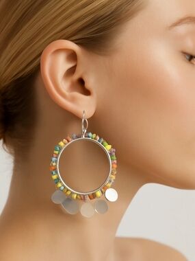 Silver Hoop Earrings with Multicolor Beads and Silver Discs